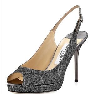 Jimmy Choo Nova Pewter Lamé Platform Slingback 38